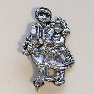 Vintage MEINK 925 Sterling Silver Boy, Girl Children Flowers Brooch Pin